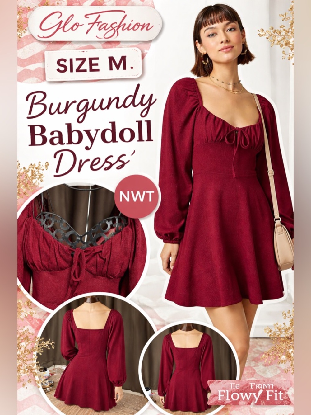 Glo Fashion Burgundy Long Sleeve Babydoll Dress Tie Front‎ NWT Size M